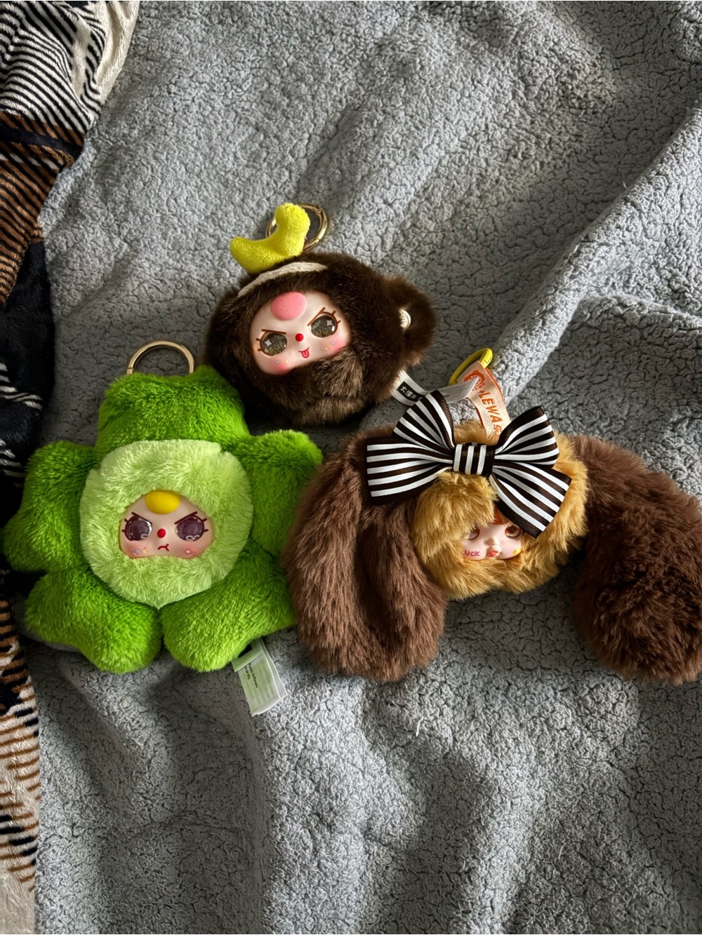 Cute Plush Character Keychain - Green Flower, Brown Bunny, Brown Monkey